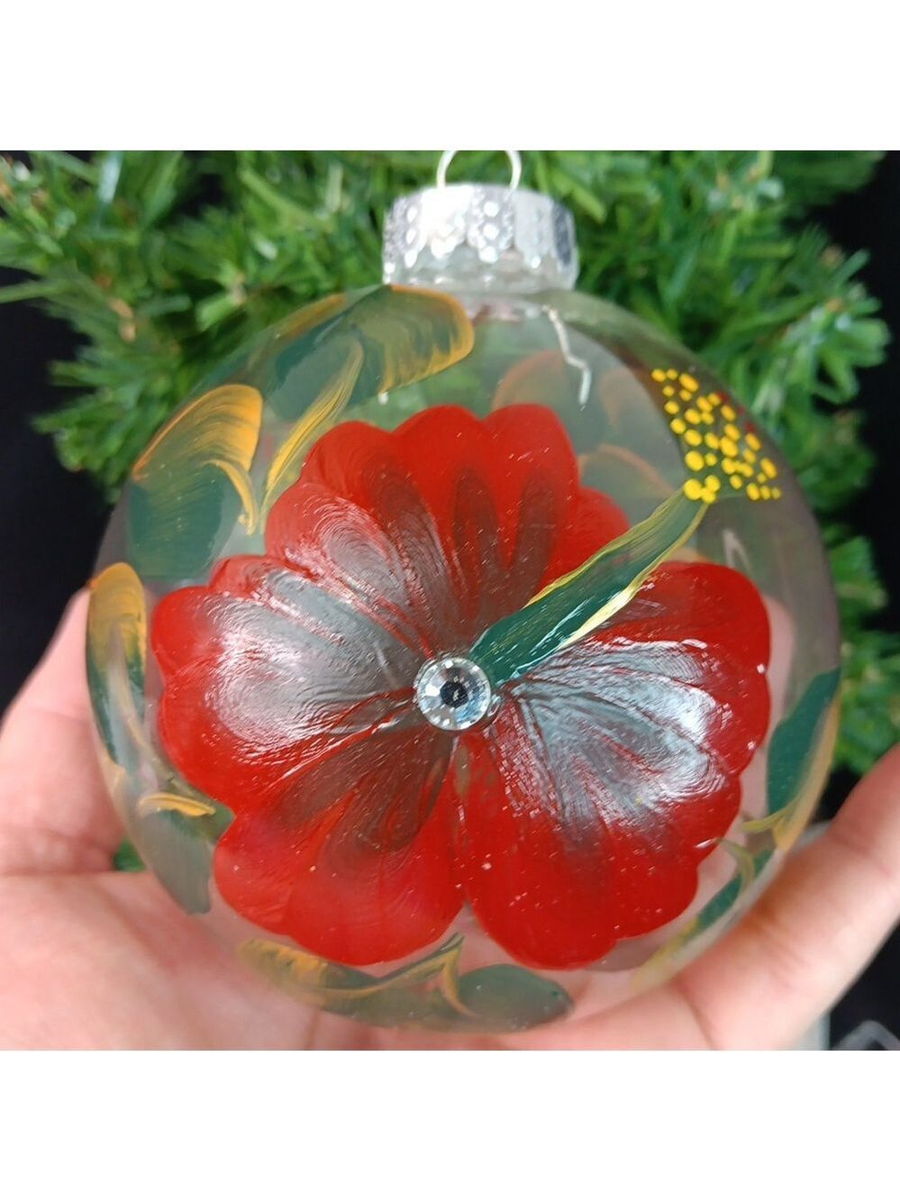4" Round Large Hand Painted Clear Christmas Ornament G&B Cap Poinsettia Flower